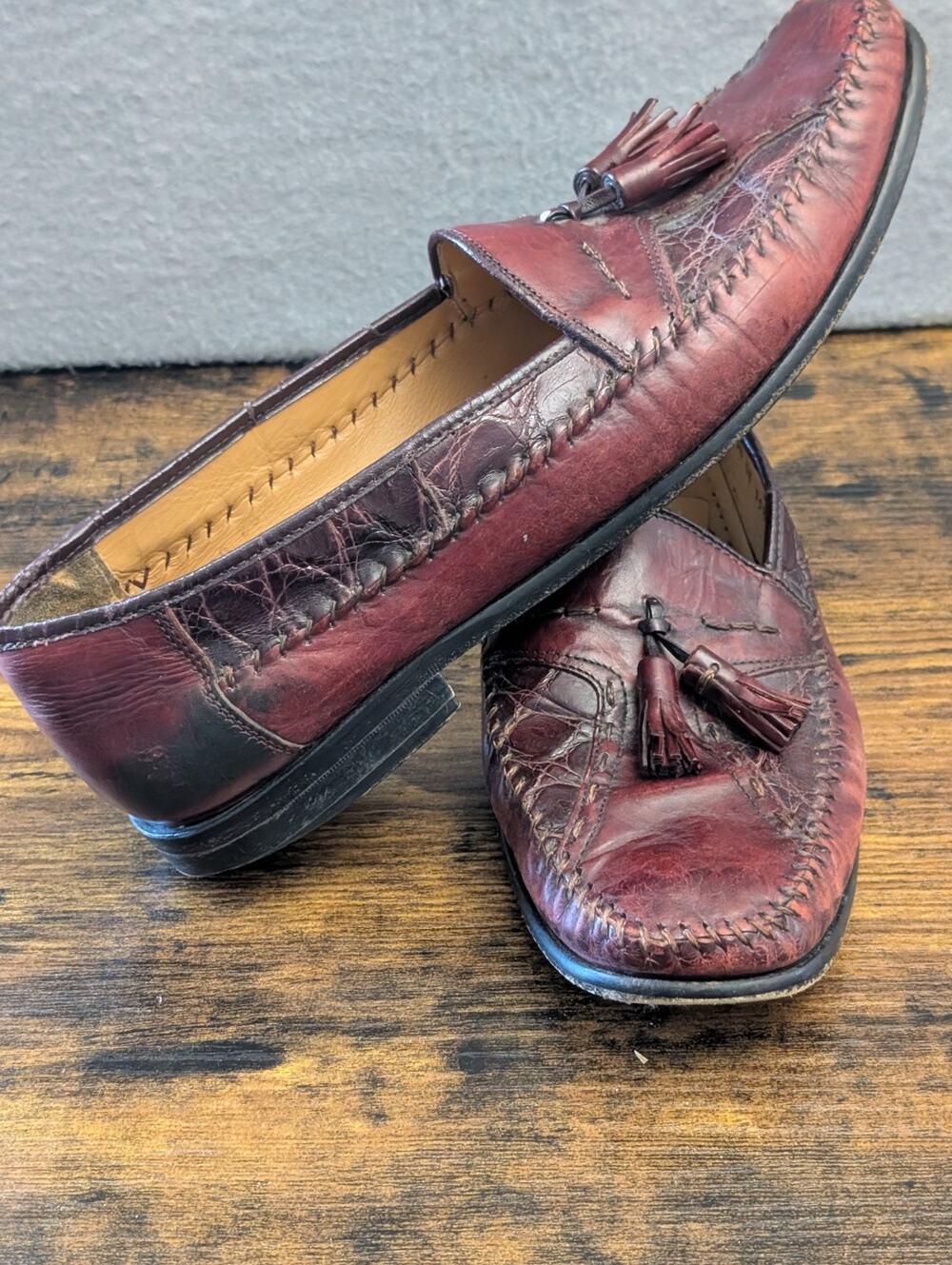 Sandro Moscoloni Crocodile Leather Shoes Mens 11.5 Burgundy Tassel Loafers